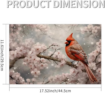PVC Placemats Set of 4 Winter Red Cardinal Flower Wipeable Table Mats Washable Heat Resistant Non Slip Vinyl Dining Table Mat for Kithen Indoor Outdoor Patio Farmhouse Place Mats Decorative
