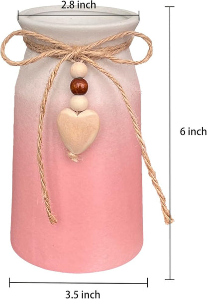 Decorative Ceramic Vase | 6-Inch with Jute Rope & Heart Charm | Perfect for Home, Office & Wedding Décor, Pink Color