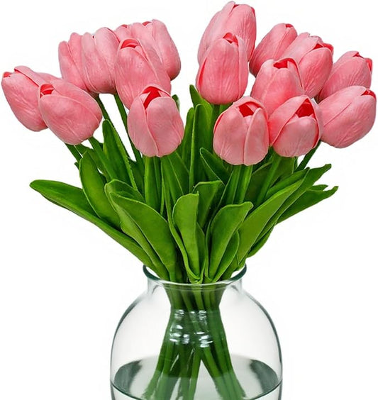 20pcs Fake Tulips Artificial Flowers PU Pink Tulips Faux Flowers 13.5 Inch Mother's Day Easter Valentine’S Day Gifts in Home Kitchen Spring Decorations For Home (Peach Pink)