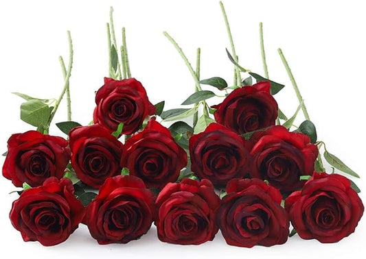 Laelfe 12 PCS Artificial Flowers Roses Silk Flowers Fake Long Stem Artificial Roses for Home Wedding Bathroom Kitchen Decorations (Gradient Burgundy)