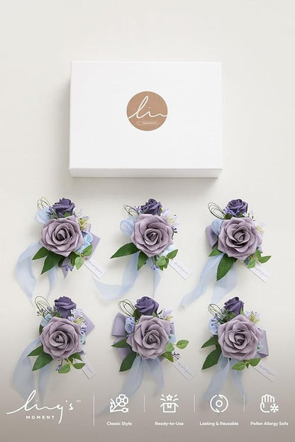 Ling's moment 6pcs Homecoming Wedding Wrist Corsage Artificial Flowers, Girl/Mother Prom Corsages Wristlet Décor, etc. Purple