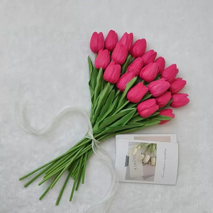 Pink Faux Tulips (20 Pcs) - Premium PU Artificial Flowers for Christmas & Thanksgiving Table Setting, Winter DIY Home Decor - 13.5" Real Touch