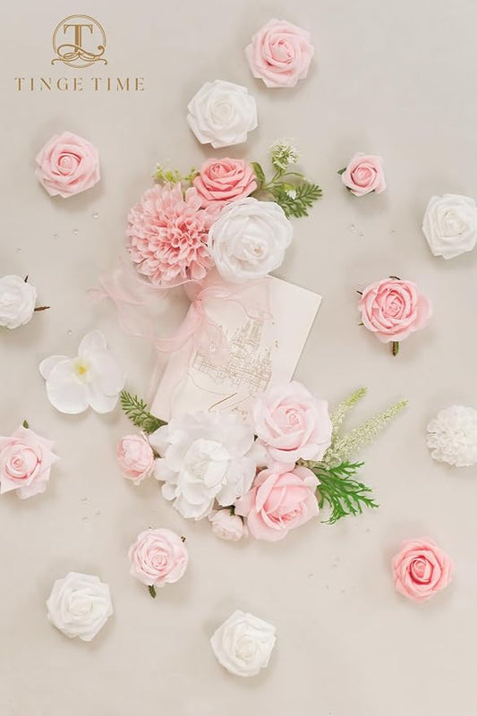 TINGE TIME Artificial Flowers Combo Mix Silk Flowers Pink Roses w/stem for DIY Wedding Bridal Bouquets Baby Shower Floral Arrangement Table Centerpieces Home Decorations (Blush Pink & White)