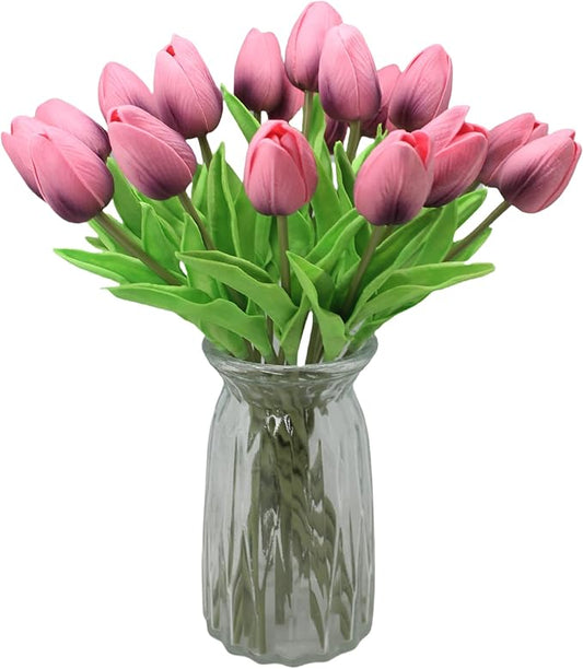 Artificial Flowers 10 Heads Mini Real Touch Artificial Tulip for Home Wedding Party Centerpiece Decoration (Dark Berry Pink)