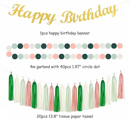 Olive Sage-Green Beige Happy-Birthday Party-Decorations - 31pcs Women Girls Adults Paper Lanterns Streamers Banner,Tissue Pom Poms Decor,Flower Fans Tassels Graland Boho Neutral Supplies Hugmoon