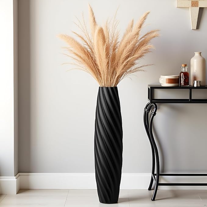 Tall Floor Vase, 23.6 inches Tall Vases Sturdy, Luxury, Textured for Decorative Branches Dried Flowers, Floor Vase for Rustic, Living Room, Shelf Decor (Black)