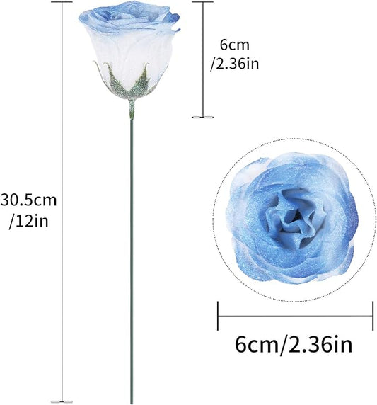 Blue Glitter Roses Bouquet,30PCS Fake Roses Artificial Flowers with Stems for Wedding Party Christmas Valentine's Day Home Decor (Gradient Dark Blue)