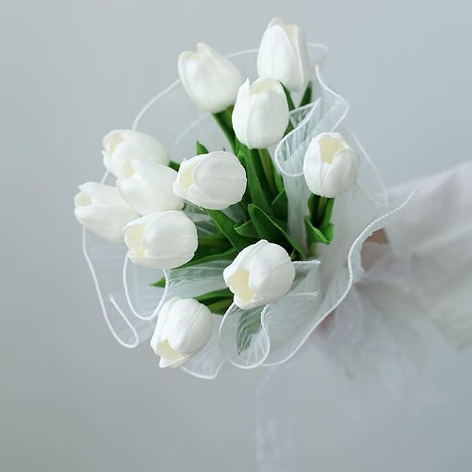 WeTop 30pcs Real Touch Tulips PU Artificial Flowers, Fake Tulips Flowers for Arrangement Wedding Party Easter Spring Home Dining Room Office Decoration. (White, 14" Tall)