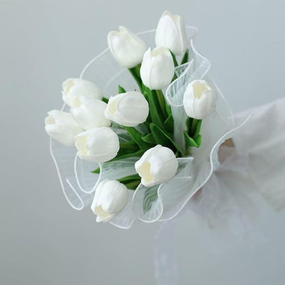 WeTop 30pcs Real Touch Tulips PU Artificial Flowers, Fake Tulips Flowers for Arrangement Wedding Party Easter Spring Home Dining Room Office Decoration. (White, 14" Tall)