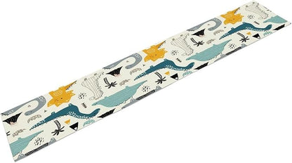 Cartoon Dinosaur Table Runner,Kids Boys Cute Various Dino Moutain Modern Abstract Print Tablecloth Burlap for Hotel Indoors Outdoor Dining Room Kitchen Holiday Party, 13x90in