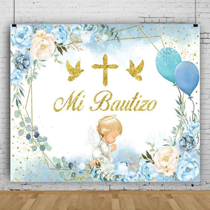 ChloropLastid Mi Bautizo Photography Backdrop 10x8ft Boho First Holy Communion Christening Background for Boy Blue Floral Bless Newborn Baby Shower Photo Booth Props
