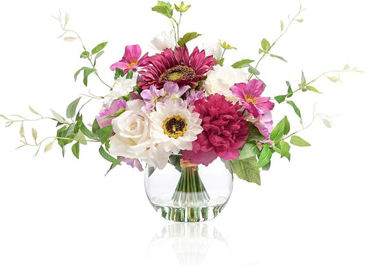 Artificial Flowers Centerpieces in Glass Vase with Fake Water, Silk White Rose Sunflowers Peony Bouquet with Vase for Birthday Party Wedding Dinning Table Office Hotel Decor (Fuchsia Mixed Plus)
