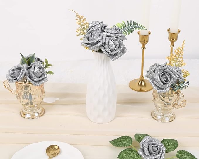 IPOPU Silver Roses Artificial Flowers,25PCS Foam Glitter Roses Glitter Flowers Fake Rose with Stems for DIY Wedding Bridal Bouquet Home Party Christmas Decoration(Silver)