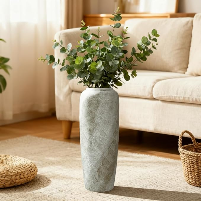 19.7 Inch Rustic Ceramic Tall Floor Vase, Slim Tapered Rustic Farmhouse Vase for Dried Stems & Pampas, Neutral Beige Decorative Vase for Living Room