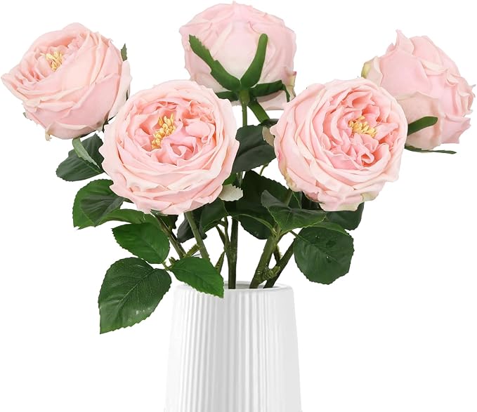 IPOPU Real Touch Rose Artificial Flowers 5PCS Faux Pink Peonies Realistic Roses with Stem for Wedding Bouquet Party Home Decor (Pink)