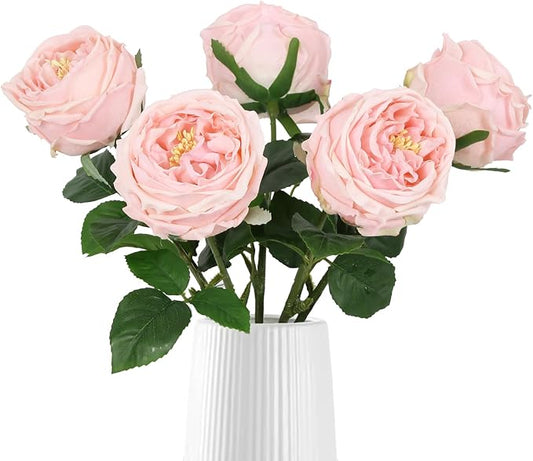 IPOPU Real Touch Rose Artificial Flowers 5PCS Faux Pink Peonies Realistic Roses with Stem for Wedding Bouquet Party Home Decor (Pink)