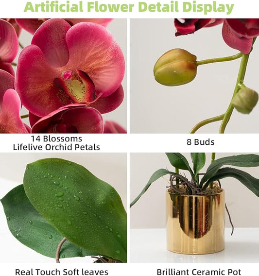 Artificial Orchid Flowers Fuchsia Faux Orchids with Ceramic Vase Vivid Fake Phalaenopsis Flower Arrangement Gorgeous Artificial Plants for Office Desk Wedding Party Exhibition Center&Home Table Decor