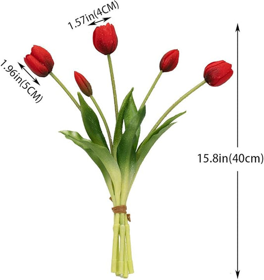 15pcs Artificial Tulips Flowers, Real Touch Latex Bouquet, Fake Tulips for Office Wedding Party Home Kitchen Garden Decoration(Red,15pcs)
