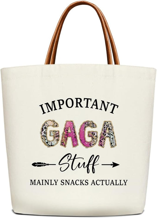 Canvas Tote Bag for Women, Important Stuff Bag with Leather Handle, Reusable Grocery Bags for Shopping Beach Travel