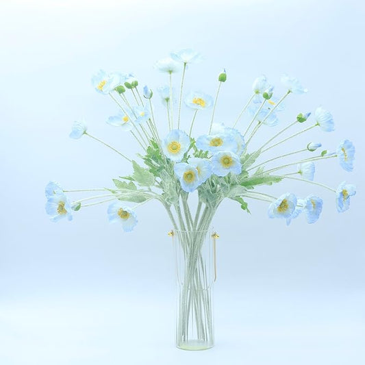 2 Pcs Artificial Fake Flowers Plants Poppies Silk Flower Arrangements Wedding Bouquets Decorations Plastic Floral Table Centerpieces for Home Kitchen Garden Party Decor Approx 23.6" High - Light Blue