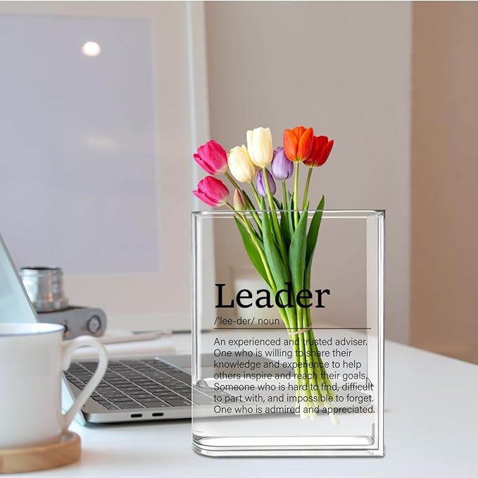 Leader Boss Bosses Day Gifts for Women Men Manager Funny Office Decor for Women Wooden Acrylic Book Flower Vase National Boss Day Decorations Gifts for Leader HR Manager Men Bookshelf Desk Decor