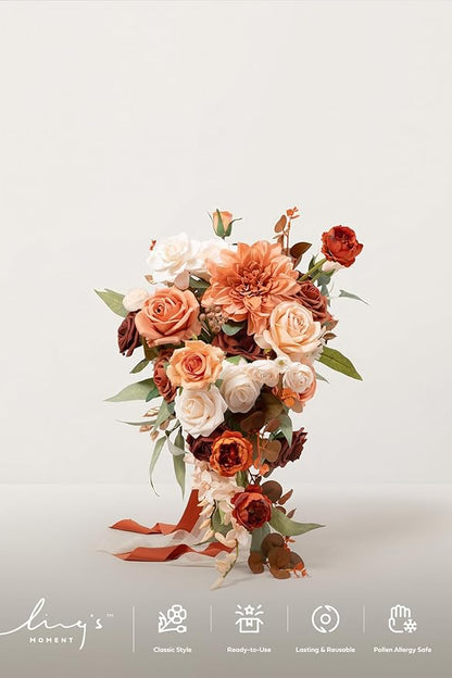 Ling's moment Terracotta Bridal Bouquet Cascading, Burnt Orange Wedding Bouquets for Bride, 13 Inch Bride Bouquets for Wedding Artificial Flowers Bouquets