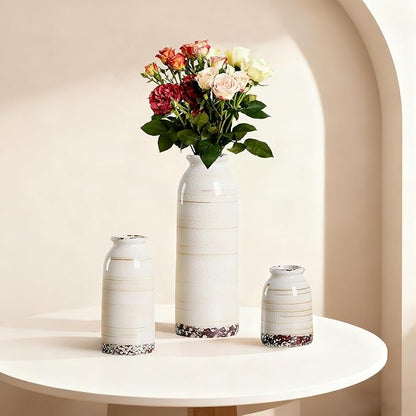 Ceramic Vase Set of 3 – Handcrafted Modern Farmhouse Decorative Vases for Boho Living Room Centerpieces, Entryway Decorations, Coffee Table, Bookshelf, Fireplace Mantel