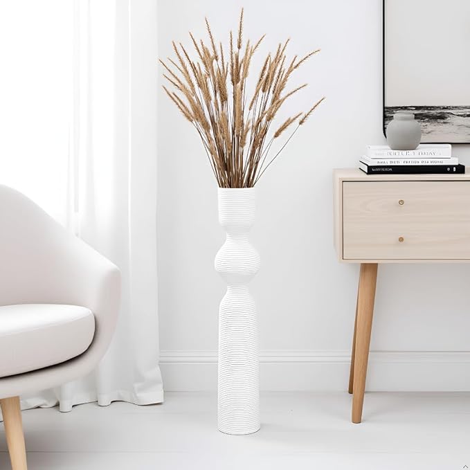 White Vases, 23.62'' Tall Floor Vase with 13.5'' Mouth & 4.3'' Base, Ideal for Dried Pampas Grass & Home Decor, Modern Floor Vase for Living Room/Entryway