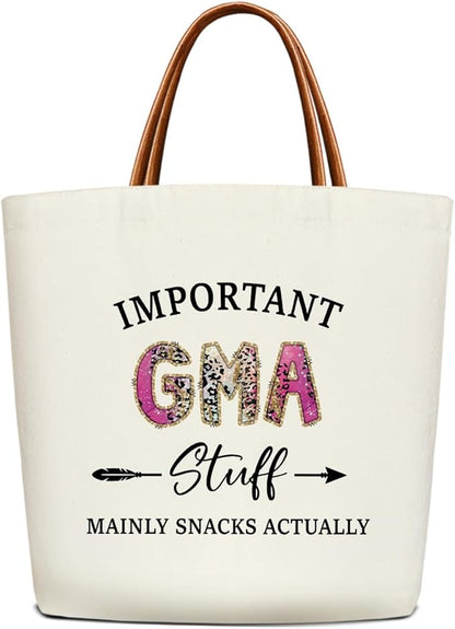 Canvas Tote Bag for Women, Important Stuff Bag with Leather Handle, Reusable Grocery Bags for Shopping Beach Travel