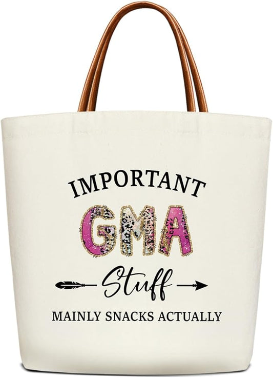 Canvas Tote Bag for Women, Important Stuff Bag with Leather Handle, Reusable Grocery Bags for Shopping Beach Travel