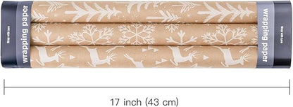 WRAPAHOLIC Kraft Christmas Wrapping Paper Roll - Mini Roll - 3 Rolls - 17 Inch X 120 Inch Per Roll - White Christmas Tree, Reindeer, Snowflake Holiday Collection