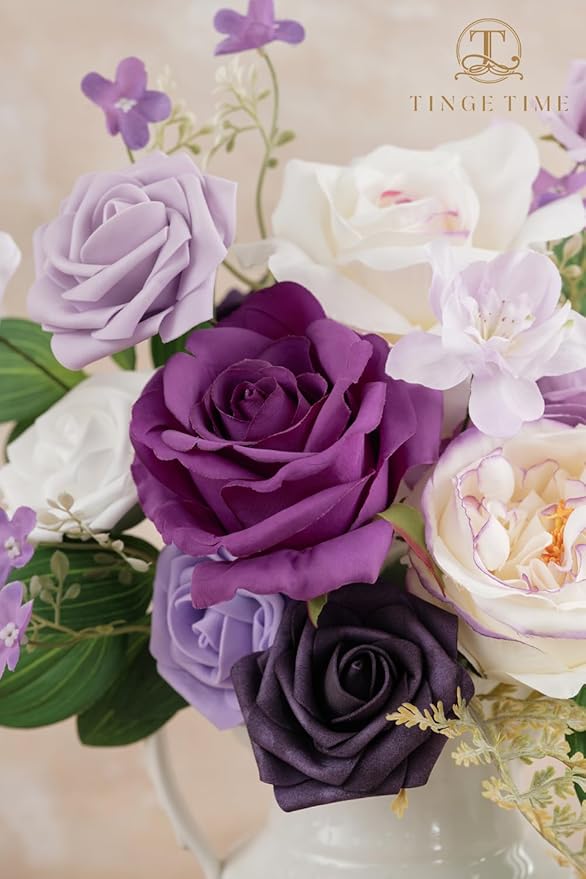 TINGE TIME Artificial Flowers Purple & White Flower Combo for DIY Wedding Bouquets Table Centerpieces Arrangements Party Baby Shower Home Decorations