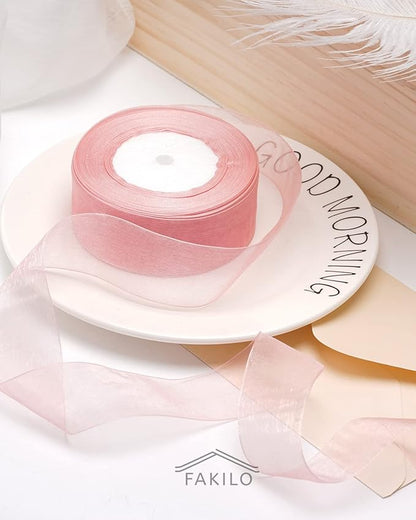 Pink Organza Ribbon for Gift Wrapping, FAKILO 2 Inch Shimmer Sheer Wrapping Ribbon for Bouquet, Wedding, Christmas Gift - 50 Yards Each Roll