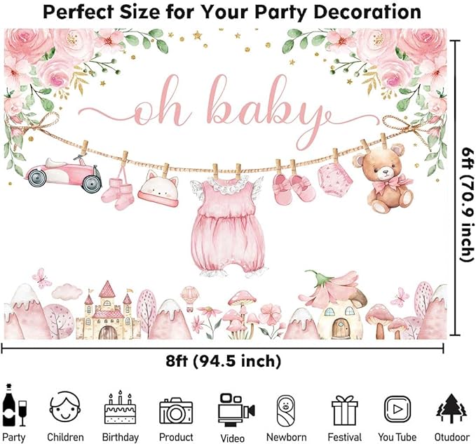 Sensfun Cute Clothes Baby Shower Backdrop for Girls Oh Baby Girl Newborn Pink Floral Eucalyptus Leaves Adventure Baby Shower Party Decorations Banner Supplies Photo Booth Studio Props 8x6ft