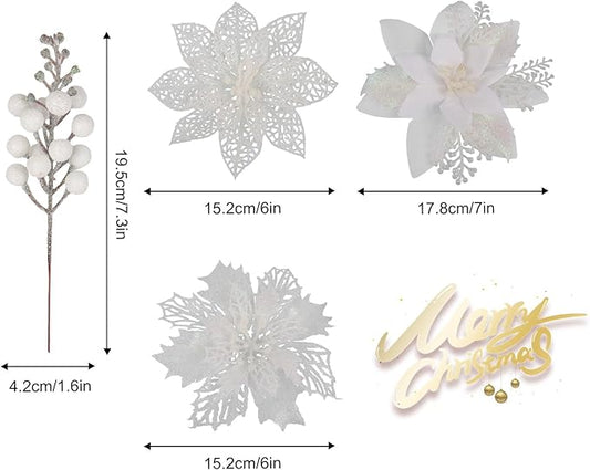 RECUTMS 66 Pcs 3 Styles White Christmas Ornaments Christmas Glitter Poinsettia Flowers Artificial Christmas Tree Flower Decorations Wedding Wreath Floral Decorations(White)