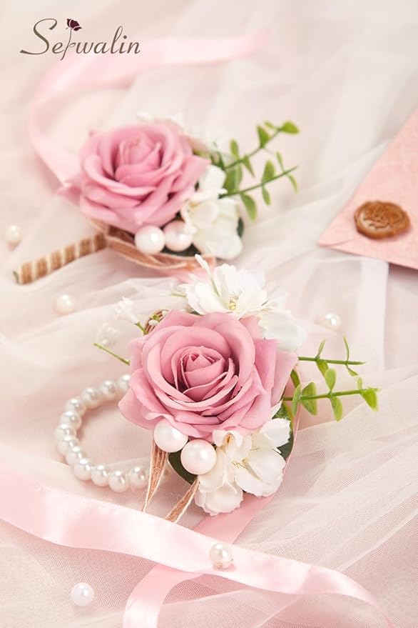 Serwalin Pink Rose Corsage and Boutonniere Set, Prom Flower Wrist Corsage Bracelets, Homecoming Roses Corsage Wristlet and Men Boutonniere for Wedding Flowers Accessories Prom Suit Decorations