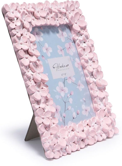Hodao 4×6 Pink Floral Picture Frame — Handcrafted Textured Flower Picture Frame with Plastic Photo Cover & Built-In Easel for Tabletop Display, Decorative Home Décor, Nursery & Photo Keepsake