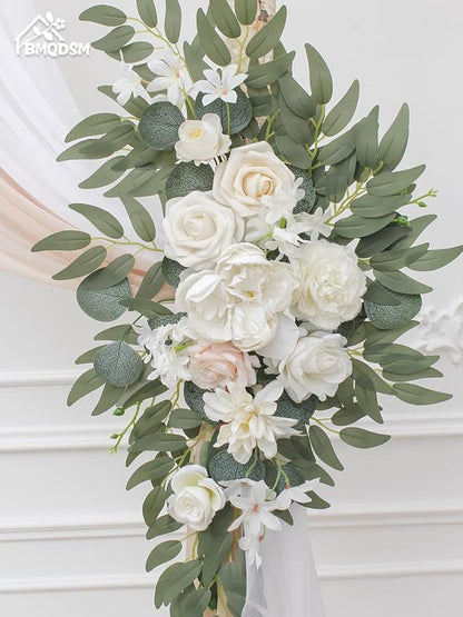 Faux Flowers Arch Flowers with Drapes (Set of 4) Wedding Decor and Wedding Arch Draping Artificial Flower Arrangements Decorations for Reception (White)