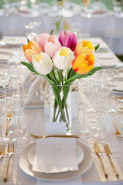 Briful Fake Flowers Artificial Tulip Flower in Clear Vase, Multi Color Real Touch Foam Tulip Arrangement Suitable for Home Office Decoration, Dining Table Centerpiece