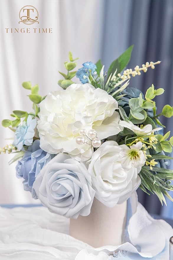 TINGE TIME 7 Inch Artificial Flowers Wedding Bouquets for Bridesmaid, Set of 4, Dusty Blue Bride Tossing Bouquet for Rustic Wedding Ceremony Bridal Shower Rehearsal Dinner Vintage Party