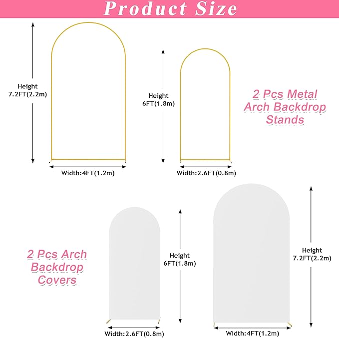 Putros Metal Arch Stand with Cover Set of 2 White Spandex Fitted Wedding Arch Cover and Round Top Chiara Backdrop Stand for Birthday Party Baby Shower Decoration 7.2FT, 6FT