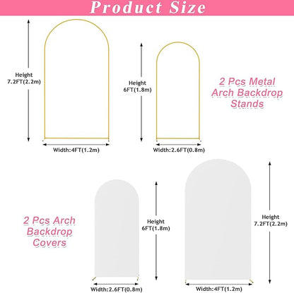 Putros Metal Arch Stand with Cover Set of 2 White Spandex Fitted Wedding Arch Cover and Round Top Chiara Backdrop Stand for Birthday Party Baby Shower Decoration 7.2FT, 6FT