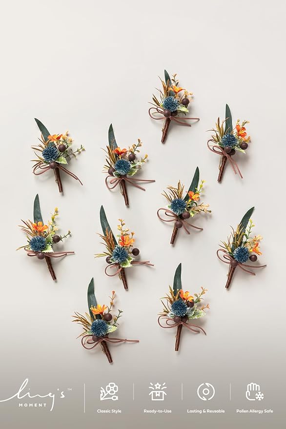 Ling's Moment Boutonniere for Men, 10pcs Groomsmen Guest Boutonniere, Artificial Flowers for Wedding Décor/Prom/Homecoming,etc.Dark Teal Orange