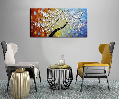 YaSheng Art -hand painted White Flowers Paintings Oil Painting On Canvas Abstract Texture Palette Knife Tree Paintings Modern Home living room Bedroom Dining Room Wall Decor Ready to hang 20x40inch