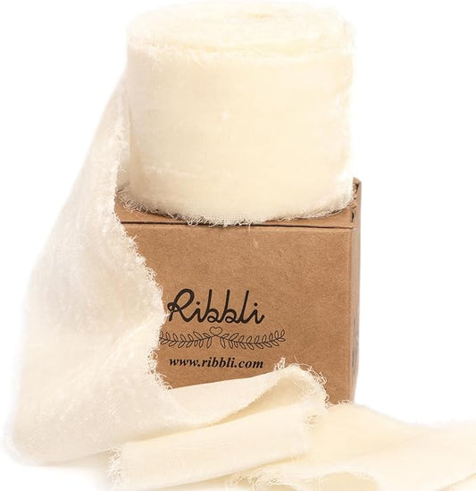 Ribbli Ivory Velvet Ribbon 2 Inch Handmade Frayed Vintage Christmas Ribbon for Gift Wrapping Christmas Tree Ornament Wreath Craft Home Decor -3 Yards