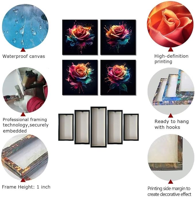 Pankila Colorful Rose Wall Art Rose Floral Pictures Canvas Prints Abstract Rose Flower Wall Decor for Living Room Bedroom Bathroom Home Decorations Framed Artwork (20''W x 20''H x 4)