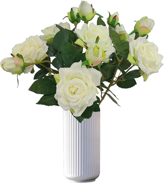 ATFL Ivory White Flowers, Ivory Roses,6 Pcs Faux Silk Real Touch Moisturizing Artificial Rose Flowers for Decoration DIY, Wedding Party, Home Office Decoration and Dining Table Centerpiece (6, White)