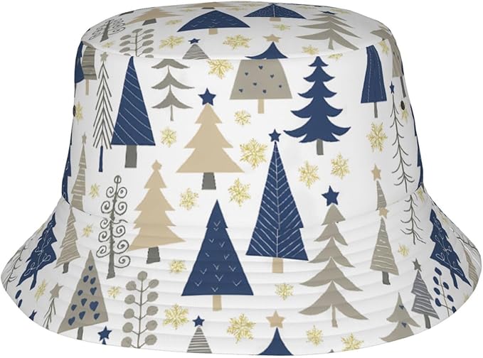 Christmas Navy Blue Tree Bucket Hat Novelty Sun Hats Trendy Fisherman Cap for Men and Women