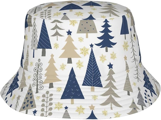 Christmas Navy Blue Tree Bucket Hat Novelty Sun Hats Trendy Fisherman Cap for Men and Women