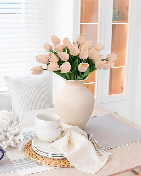 MACTING 30 PCS Artificial Tulip Flowers 13.7" Real Touch Fake PU Tulips Bouquet Faux Flowers for Floral Arrangements Table Centerpiece Kitchen Home Indoor Outdoor Summer Decorations (Light Pink)
